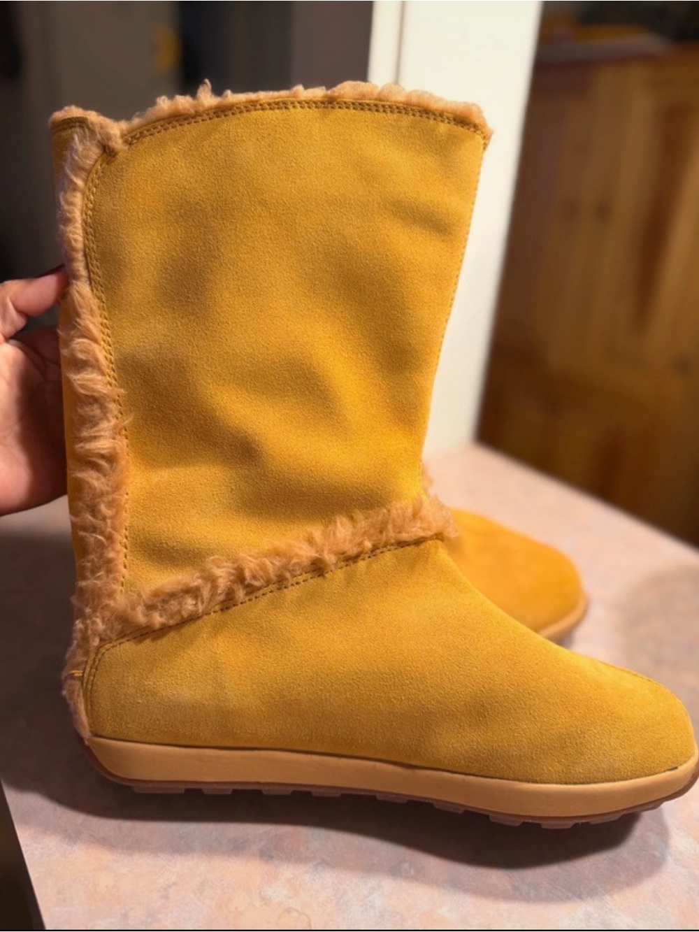 Timberland women’s Tall Shearling-Trim Suede Boots in Mustard Yellow - Picture 3 of 7